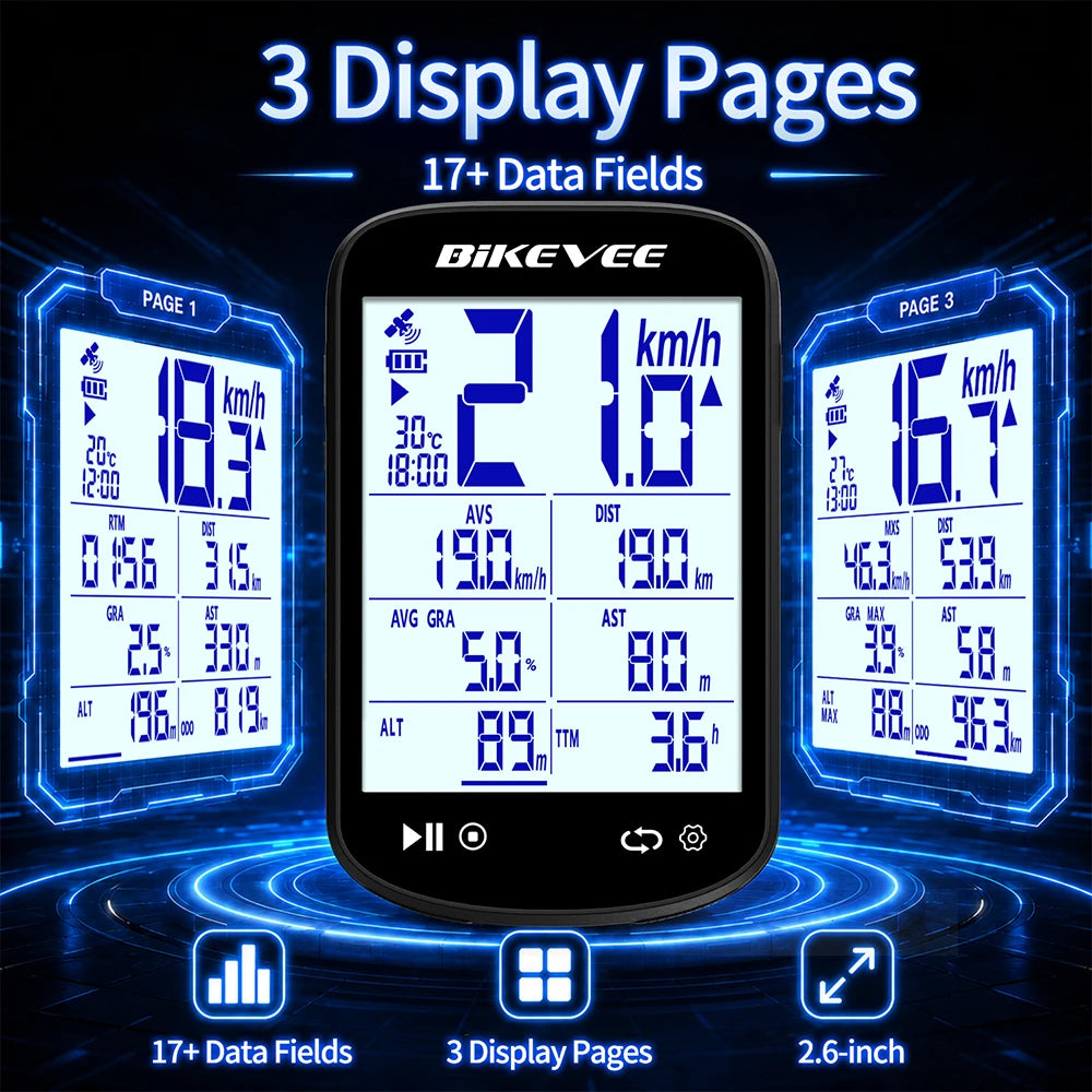 BIKEVEE Newest Sunlight-Readable 2.6" LCD Multiple Data Display GPS Bluetooth Wireless Bicycle Computer Multifunctional Rechargeable Bike Speedometer Odometer Stopwatch Tracker Connect with Auto Start/Stop Backlight Bike Acce