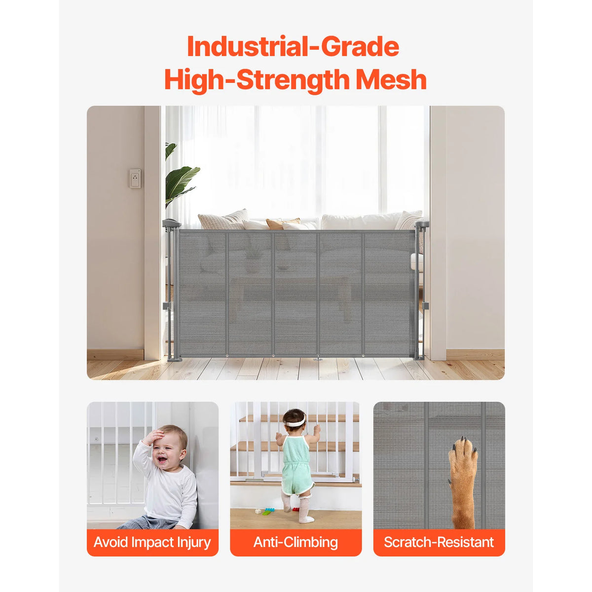 55/71/110in Retractable Baby Gate 34in Tall Extends Wide Retractable Gate Kids Mesh Material Easy to Install