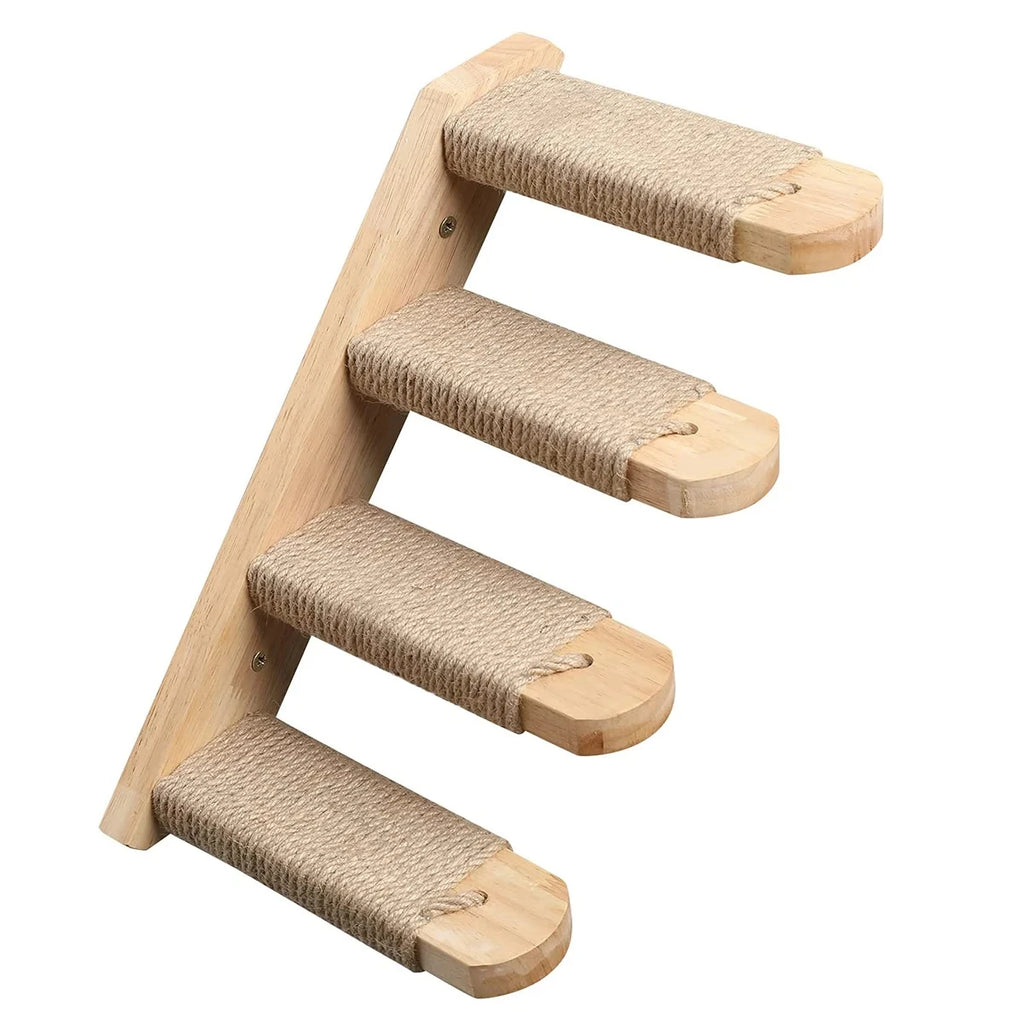 Wall-Mounted Wooden Cat Climbing Ladder with Hammock and Scratching Post