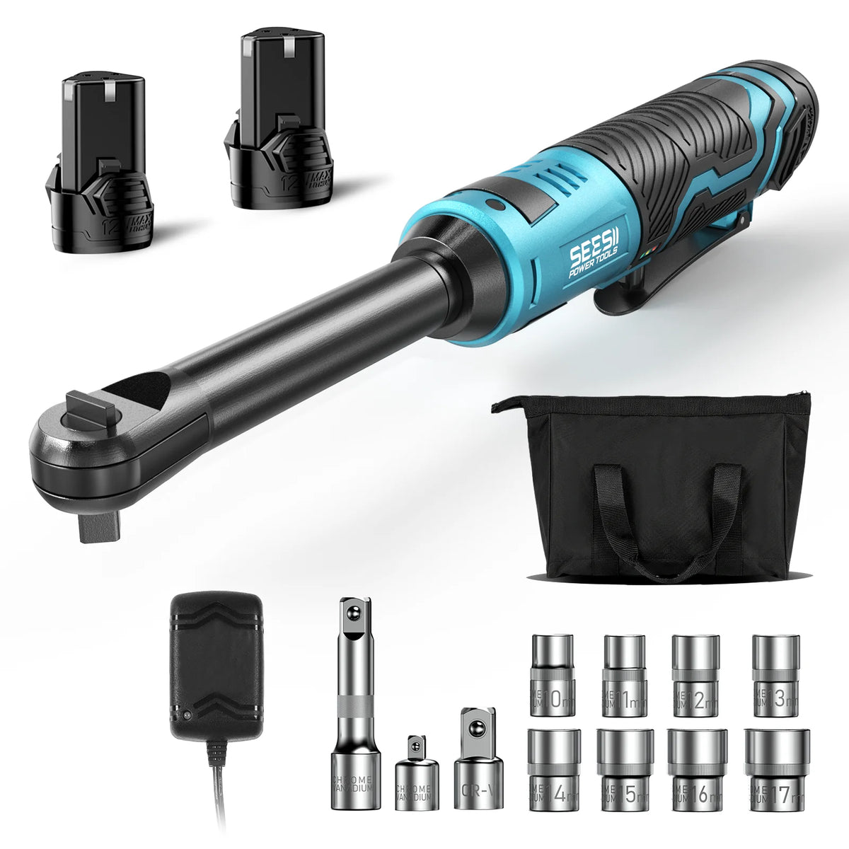 3/8" Cordless Electric Wrench 55Nm 6'' Extended Ratchet Wrench 12V Rechargeable Angle Wrench Car Repair Tools with 2pcs Batteries