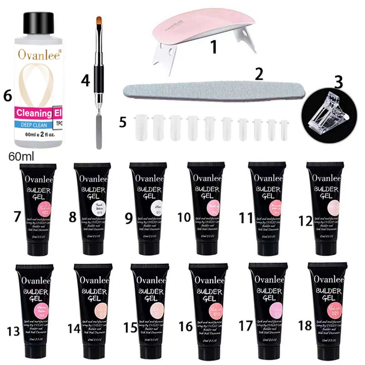 Ovanlee 18-Piece All-in-One Nail Builder Gel Kit – 12 Colors 15ml Polygel with Mini UV/LED Lamp, Cleaning Fluid, Nail Tips & Tools – Form-Free DIY Manicure Extension & Strengthening Set