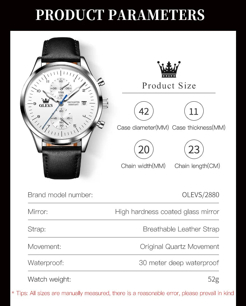 OLEVS Men's Leather Strap Quartz Watch, Waterproof Business Watch with Date