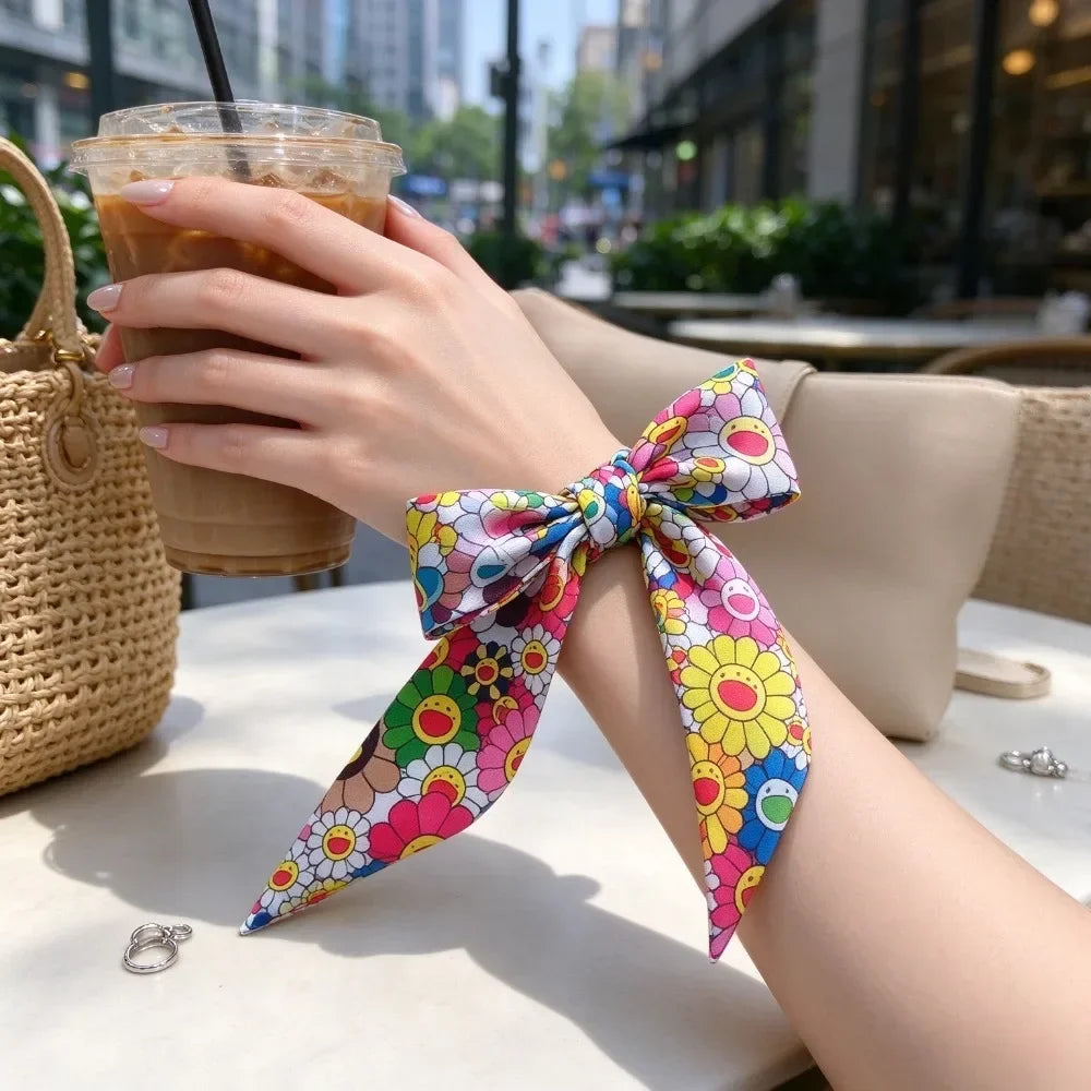 1Pcs Multiway Long Skinny Silk Scarf, Sunflower Print Ribbon, Bag Charm Hair Bow Belt, Multi-purpose Decorative Scarf for Handbag Hair Accessory