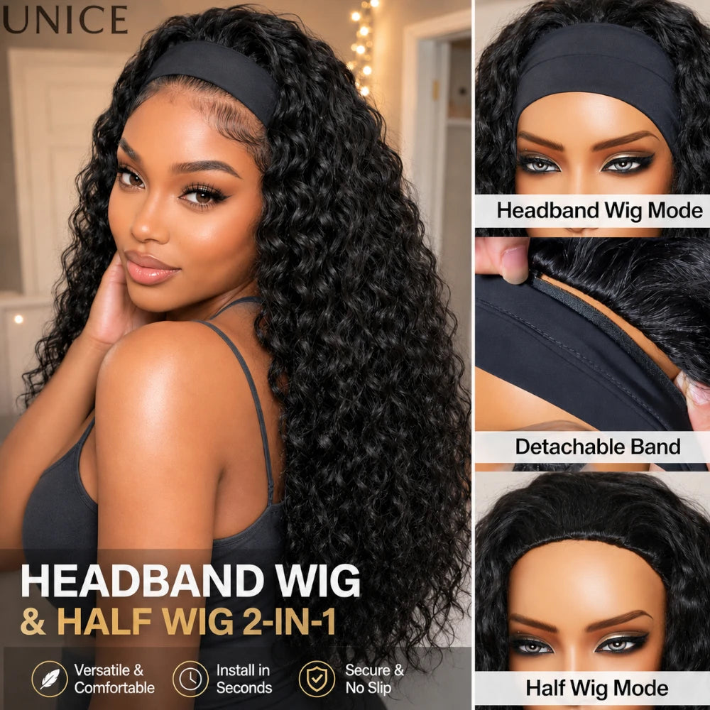 UNice Hair Water Wave Human Hair Headband Wig & Half Wig 2-In-1 Beginner Friendly Ready To Go Glueless Wig With Drawstring