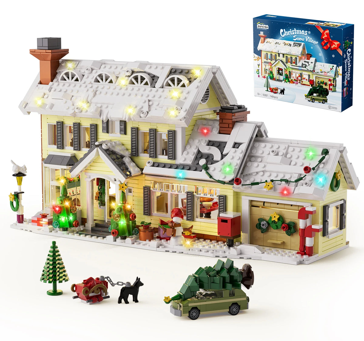 Christmas Holiday House Building Set Christmas Holiday Snow Village Blocks Toys with Clark's Car,Gifts for Boys, Girls(1484pcs)