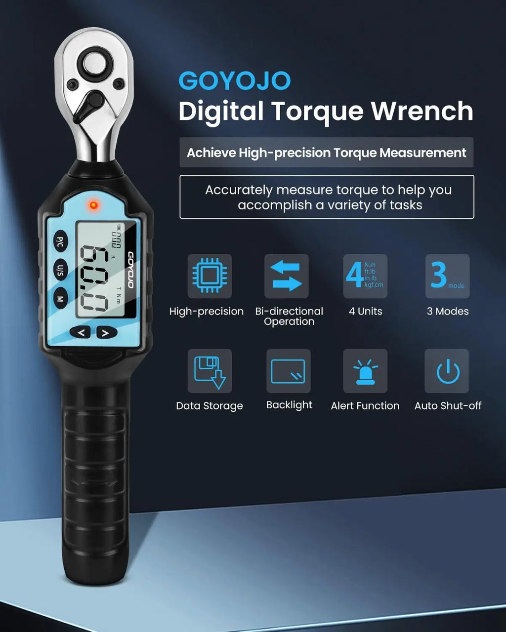 GOYOJO Digital Torque Wrench 1/4 3/8 1/2" Drive, Electric Torque Wrench ±2% Accuracy,Buzzer and LED Alert,Electric Display,Peak & Track, ft-lb, in-lb and N.m ,Automotive,Car, Moto,Spark Plug,Engine,Bike