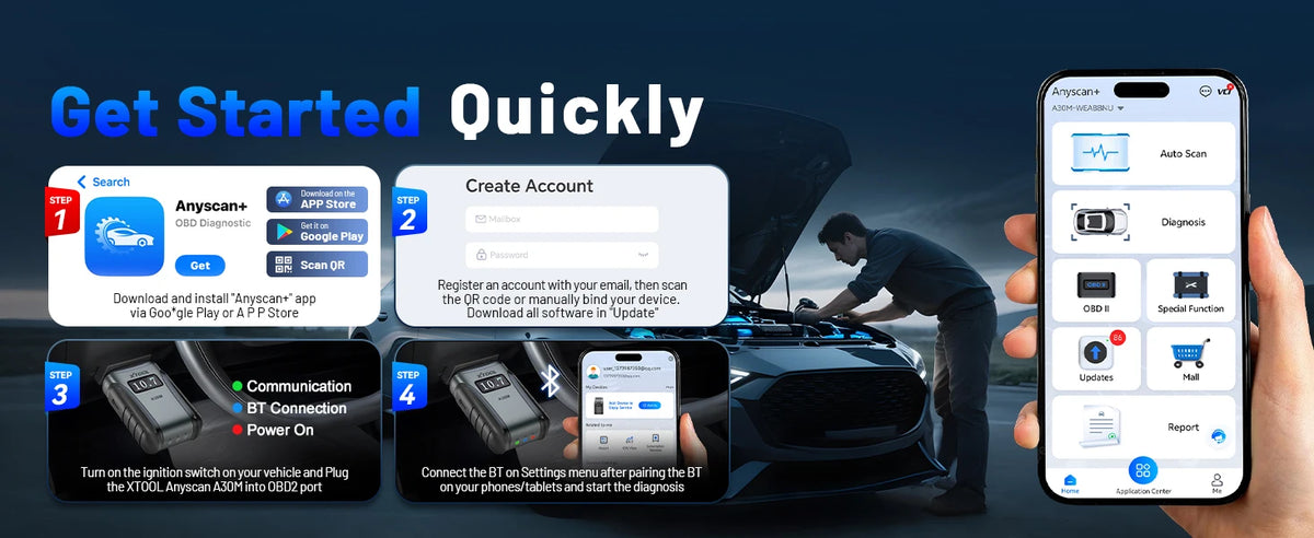 A30M V2.0 All System Car Diagnostic Tools Bluetooth OBD2 Scanner Active Test 26+ Reset CAN FD