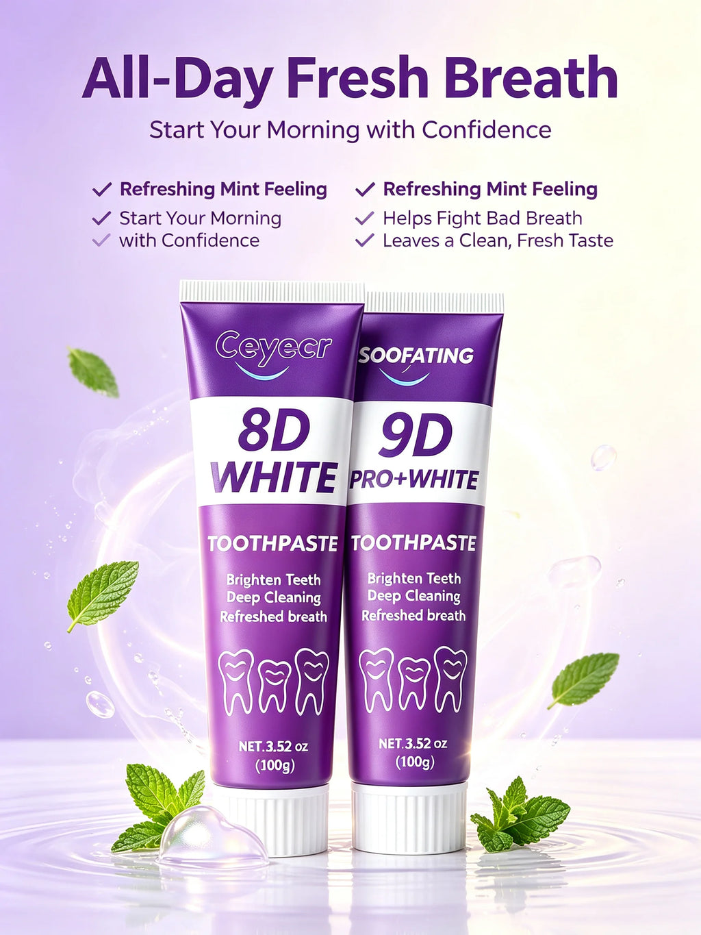 PRO+WHITE Whitening Toothpaste 8D 9D Deep Cleaning Breath Freshener Oral Care 2 X 100g