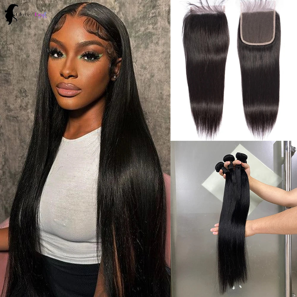Straight Human Hair Bundles with Lace Closure
