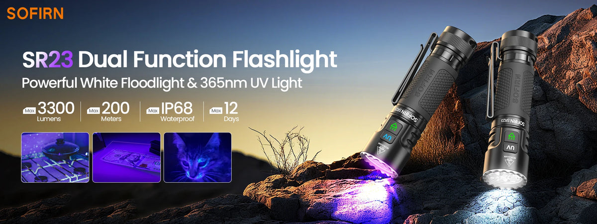 SOFIRN SR23 Flashlight EDC TN3535 3000LM 365nm UV SST08 USB-C 21700 Rechargeable Light With Dual Switch