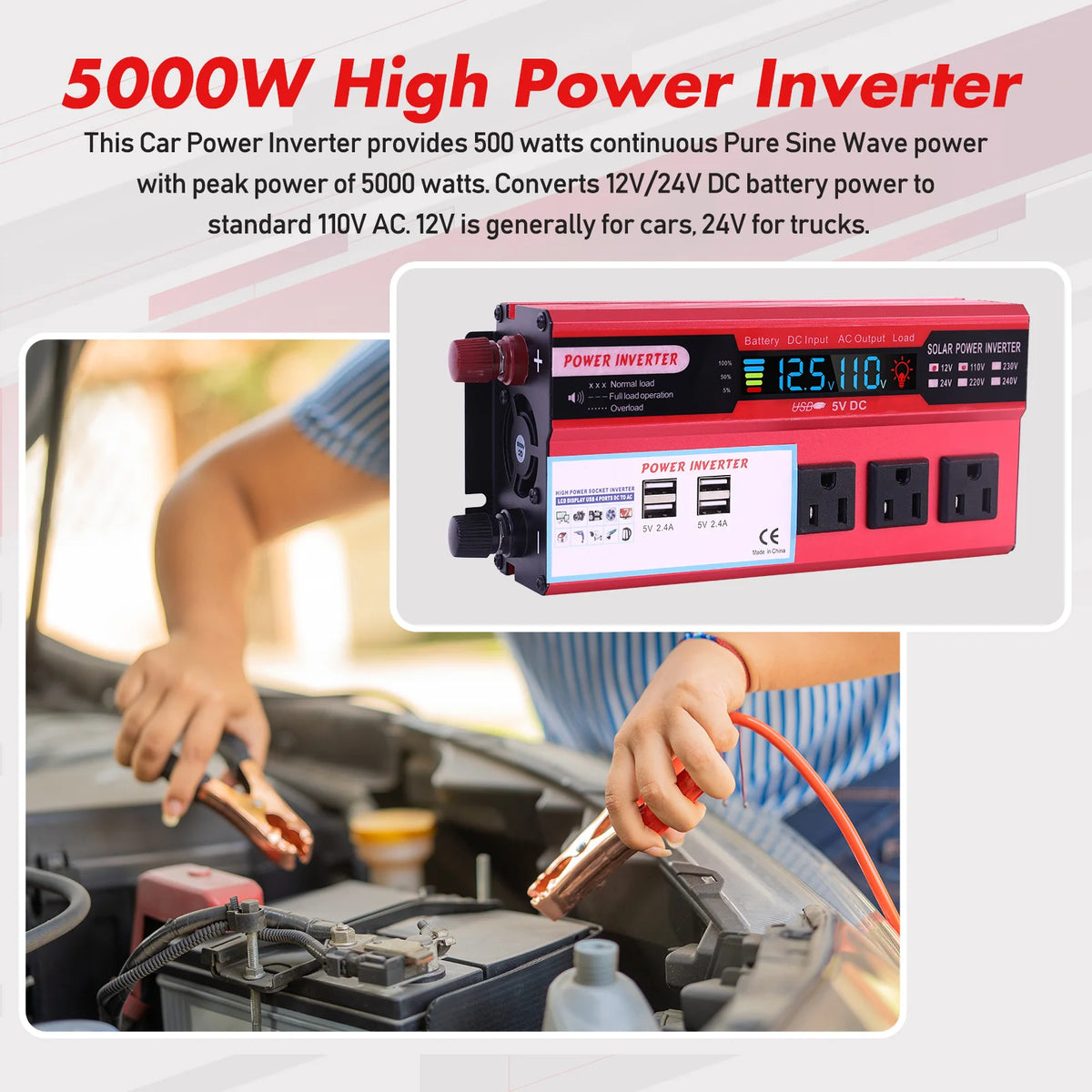 5000W Car Power Inverter DC 12V To AC 110V Converter Pure Sine Wave Fast Charging LCD LED Display Converter Charger Adapter