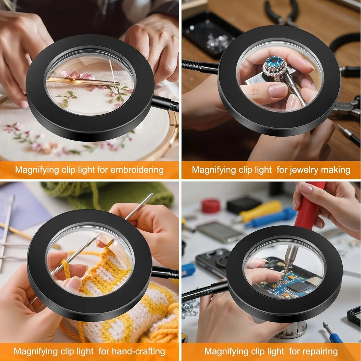 LED Clip-On Magnifying Desk Lamp 5X, USB Dimmable Gooseneck Magnifier Light with 3 Colors