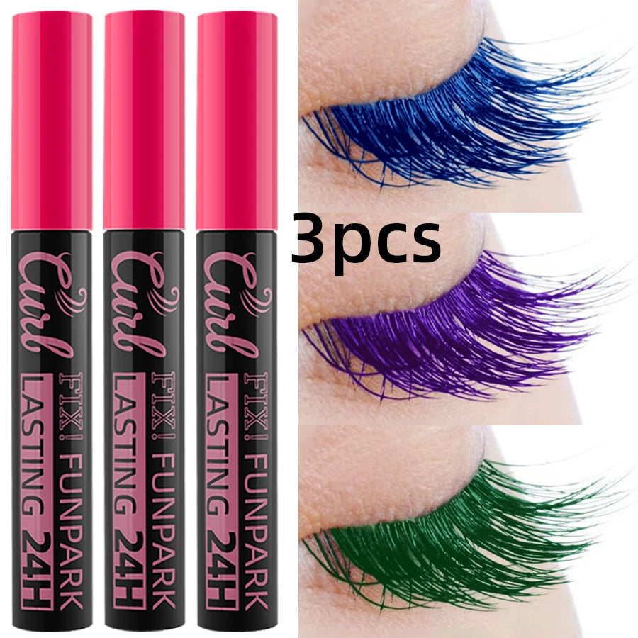 3pcs Colorful 3D Eye Blue Green Purple Mascara Waterproof Lengthens Eyelashes Extension Silk Fiber Mascare Long Lasting Eye Makeup for Women Cosmetic