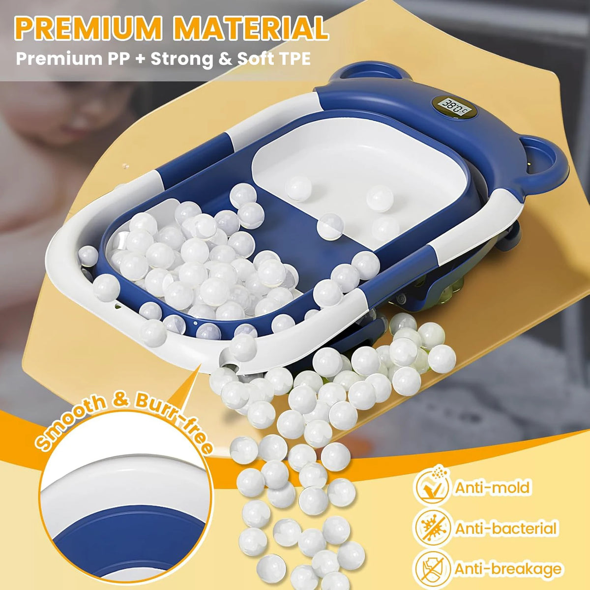 Portable Travel Bathtub, Collapsible Baby Bathtub, with Thermometer &1Soft Floating Cushion, with Drain Hole,For Baby 0-36 Month