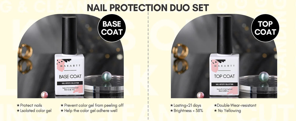 Gel Top Coat and Base Coat Set, No Wipe Shine Finish Soak Off Gel Base Top Coat Long Lasting LED Nail Lamp Gel Polish