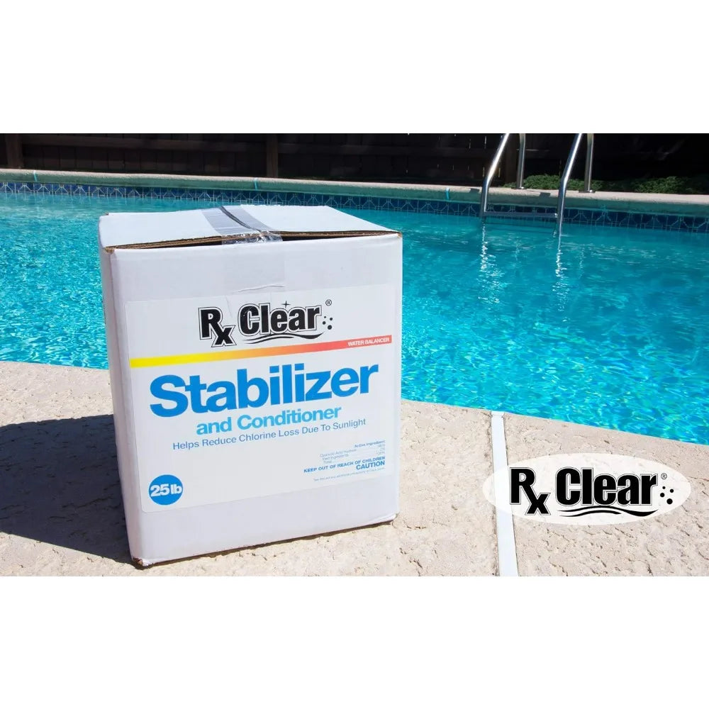 Rx Clear 25 Lbs Swimming Pool Stabilizer Conditioner - Cyanuric Acid Water Balancer Reduces Chlorine Loss from Sunlight Longer