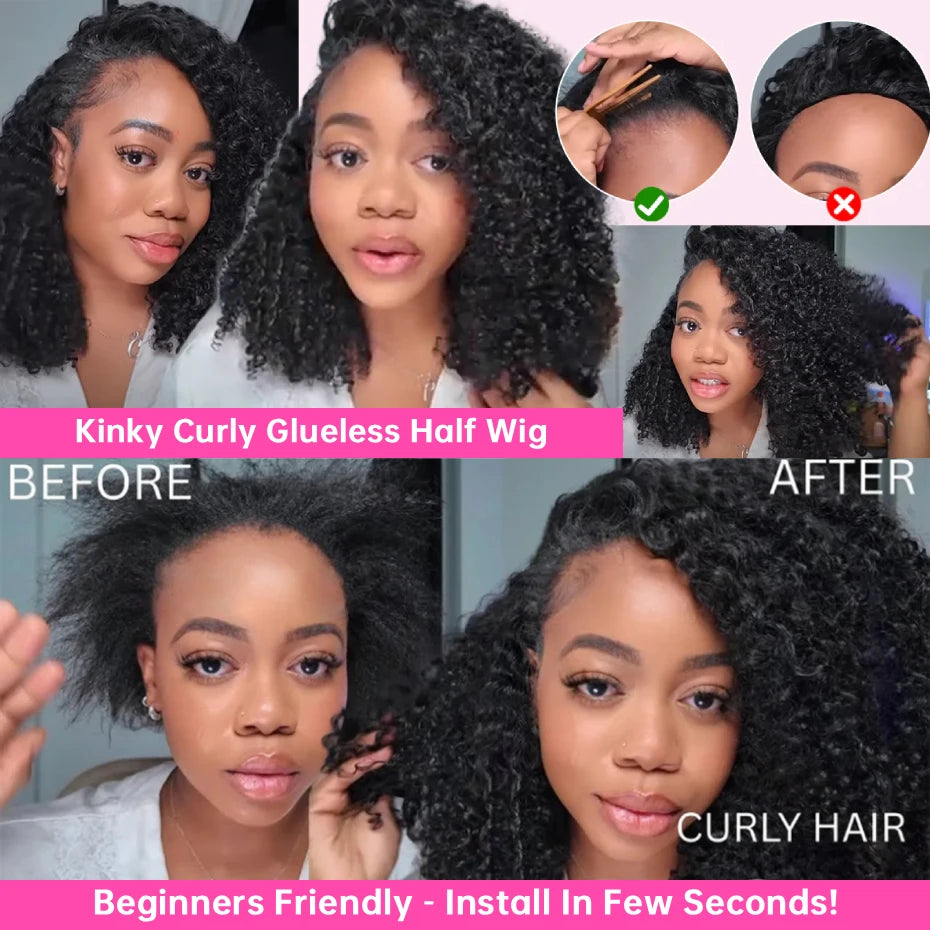 250 Density Kinky Curly Half Wig Double Drawn Invisible Drawstring Machine Made Wigs Human Hair Invisible Hairline Half Wig Natural Colored Ponytail