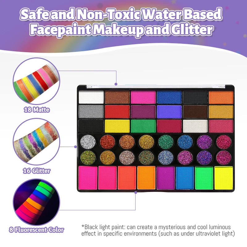 42 Colours Water Solubility Glitter Face Body Paint,Body Makeup Face Paint Pigments Stage Makeup for Halloween Masquerade Party