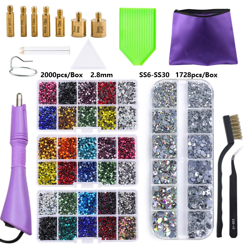 QIAO Hot Fix Rhinestones Set EU/US PLUG Hotfix Applicator 7 Tips Iron-on Crystal Glass Rhinestone Strass For Garment Decorations