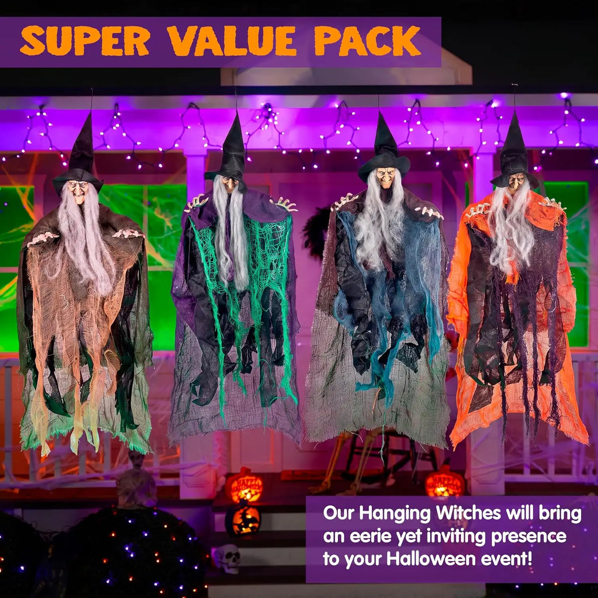 Halloween Hanging Flying Witch Decorations, 4 Pack