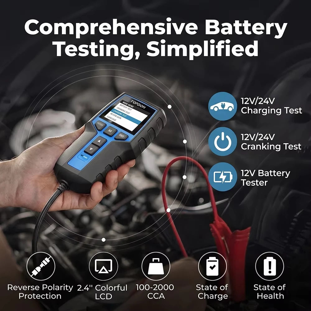 TOPDON BT200 Car Battery Tester, 12V/24V, 100-2000 CCA Load Tester | Battery and Alternator Tester for Cranking and Charging Systems, Auto Battery Analyzer for Cars, Trucks, SUVs, ATVs and Boats