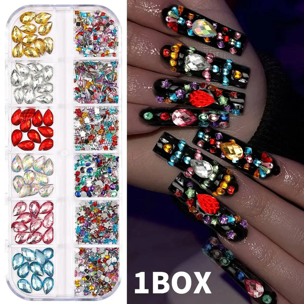12Gird 3D Glass AB Crystal Nail Art Rhinestones Kit Flatback Round Bead Charm Gem Stones Jewelry Diamond with Tools for Nail Art