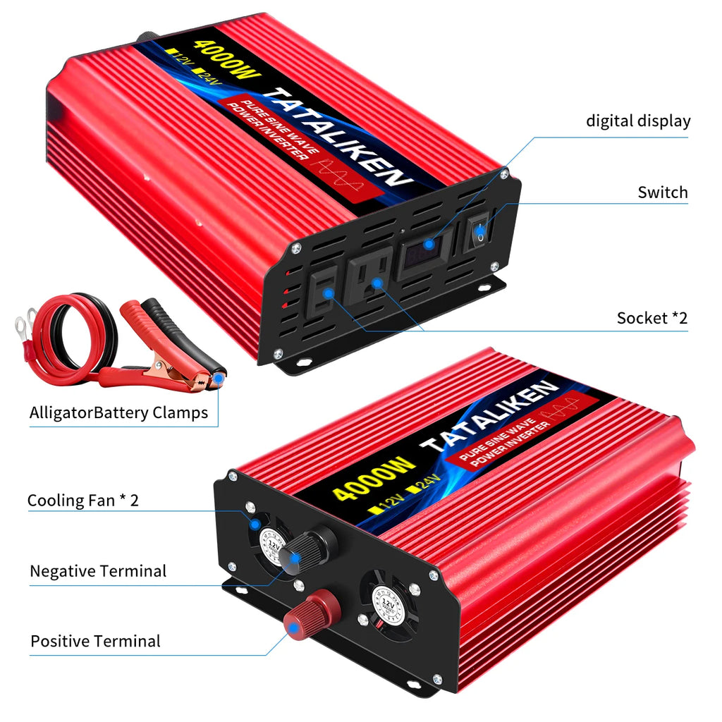 US Socket 24V To AC 110V 60HZ Pure Sine Wave Inverter Car Power 1000W/4000W/7000W/8000W Voltage Portable Converter with LED