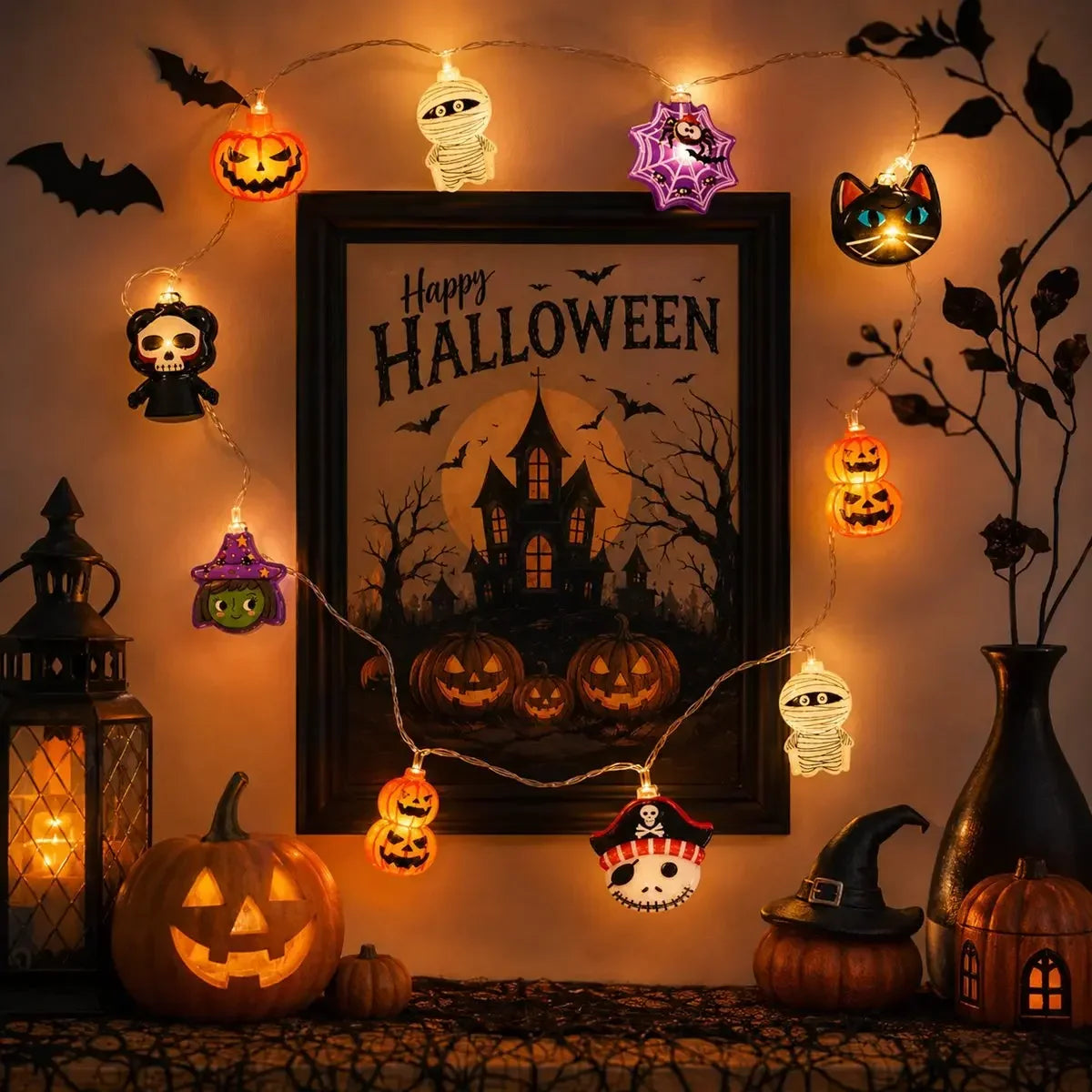 Halloween LED String Lights, Ghost, Pumpkin and Skeleton Fairy Lights for Holiday Decor