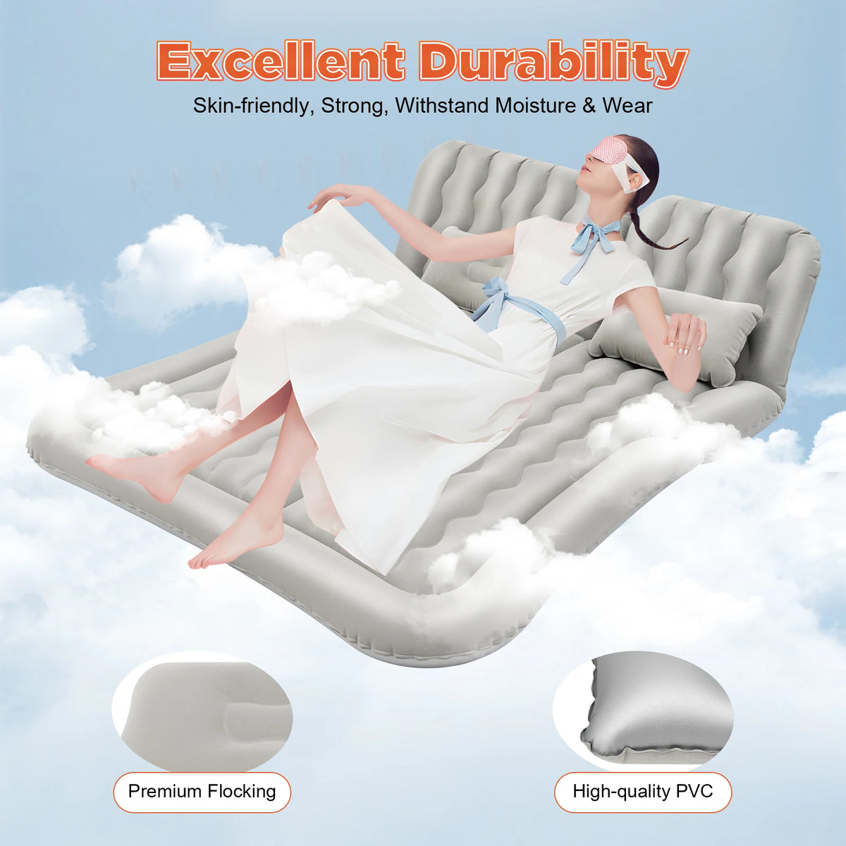 Inflatable Car Back Seat Air Mattress, Foldable Flocked Travel Bed with Pump
