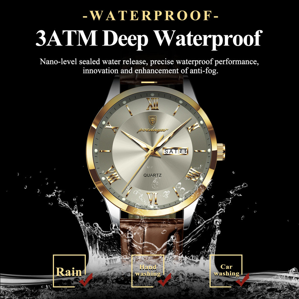 POEDAGAR Men's Leather Quartz Watch