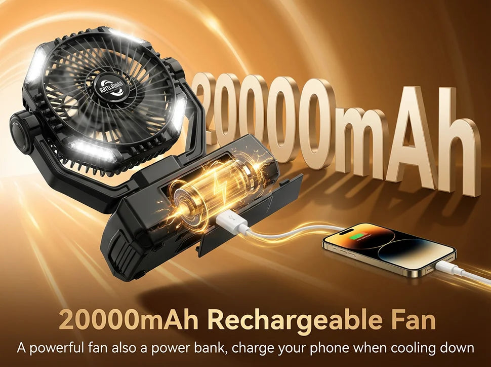 20000mAh Camping Fan with 4 LED Lights and Remote Control 8 Speed Adjustable Rechargeable Outdoor Fan for Tent Fishing