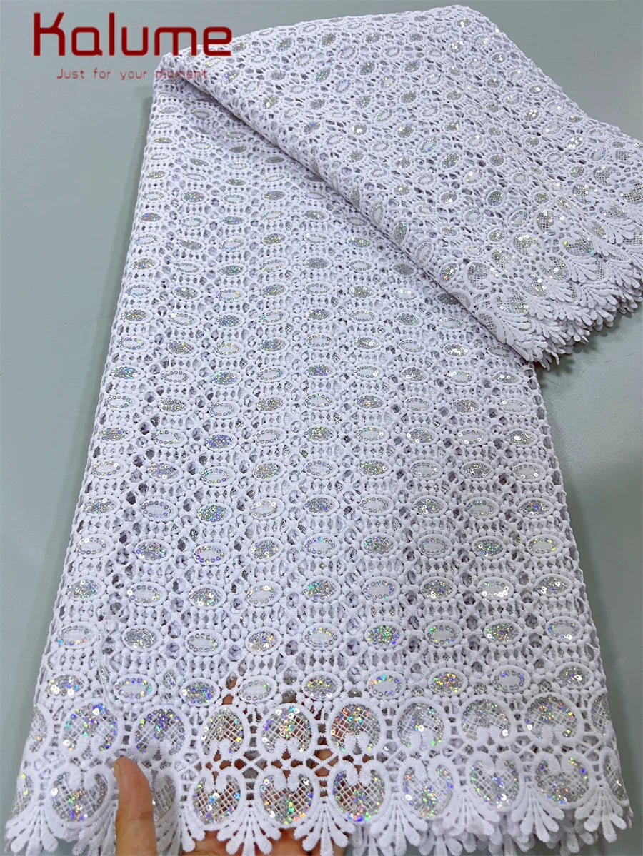 White African Guipure Cord Lace Fabric with Sequins 2025 High Quality Nigerian Guipure Cord Lace for Sewing Wedding Dress F4025