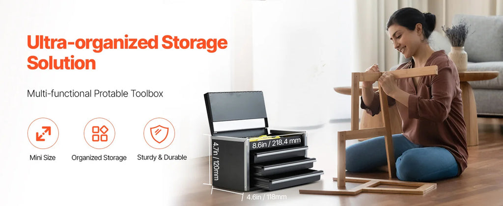 8.6in 3 Drawers Metal Tool Box Portable Tools Chest with Feet Pads & Ball Bearing Powder Coated Tool Storage for Garage