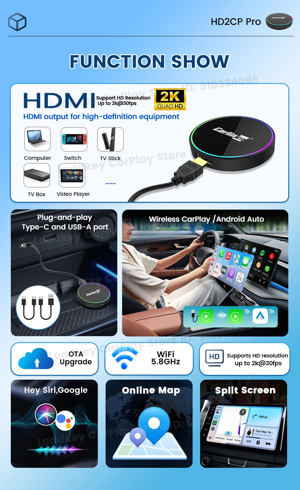 2026 CarlinKit HD2CP Pro CarPlay to HDMI Wireless Adapter CarPlay Android Auto 2K HDMI Input Support Tv Stick Laptop Tv Box 5.0