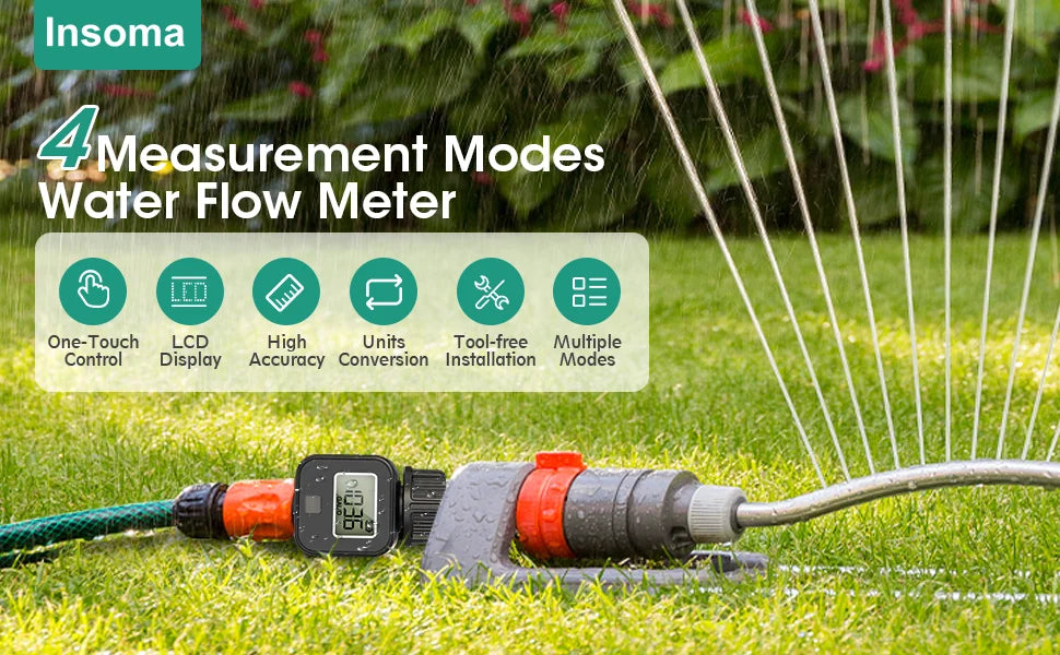 Digital Water Flow Meter High Accuracy IP6X Measure Water Consumption and Flow Rate for Outdoor Garden Watering Irrigation Hose