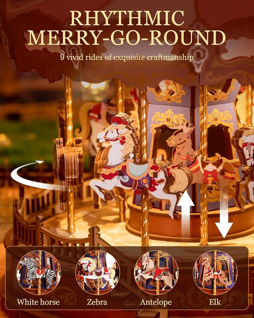 Rolife DIY Music Box Mechanical Model Building Kit Classic Carousel 3D Puzzle Toy Craft Kit with LED Light for Home Decor Gift for Adults Friends