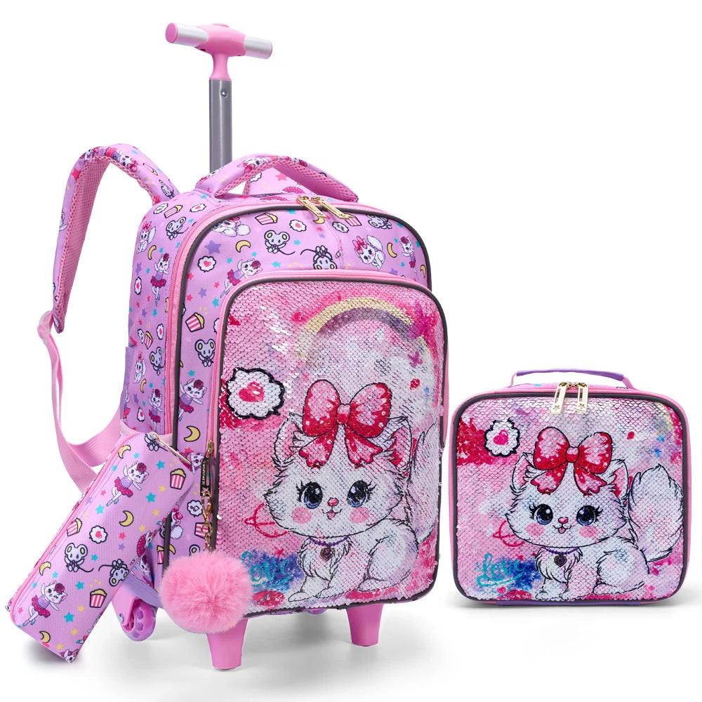 3 Piece Kids Travel Set, Pink Cat Sequin Rolling Bookbag with Wheels, Lunch Box and Pen Bag, Reflective Detail