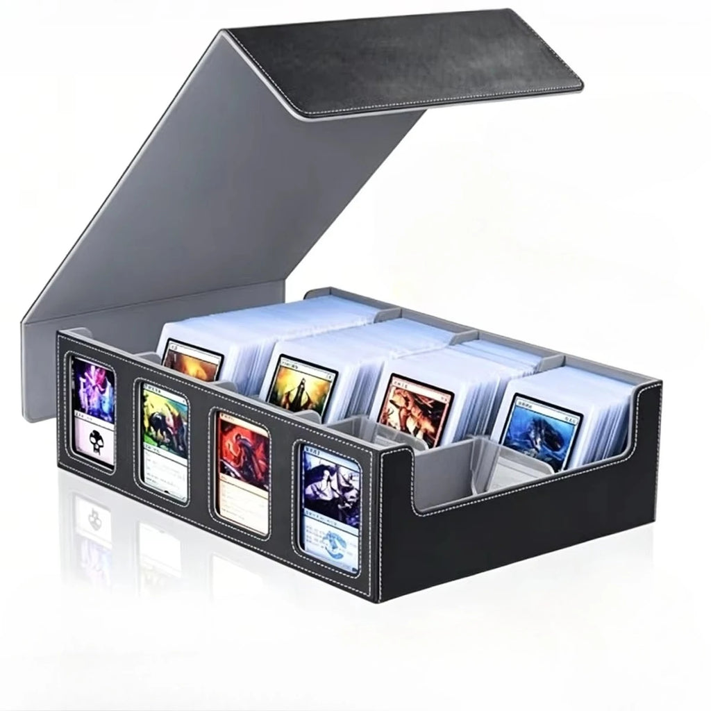 Trading Card Storage Box with Commander Display 4 Row Deck Case-Removable Lid,2400+ Card Deck Box for MTG TCG Sports Card with 4 Toploaders,4 Stoppers, 24 Dividers, 6 Dice,1 Dice Bag