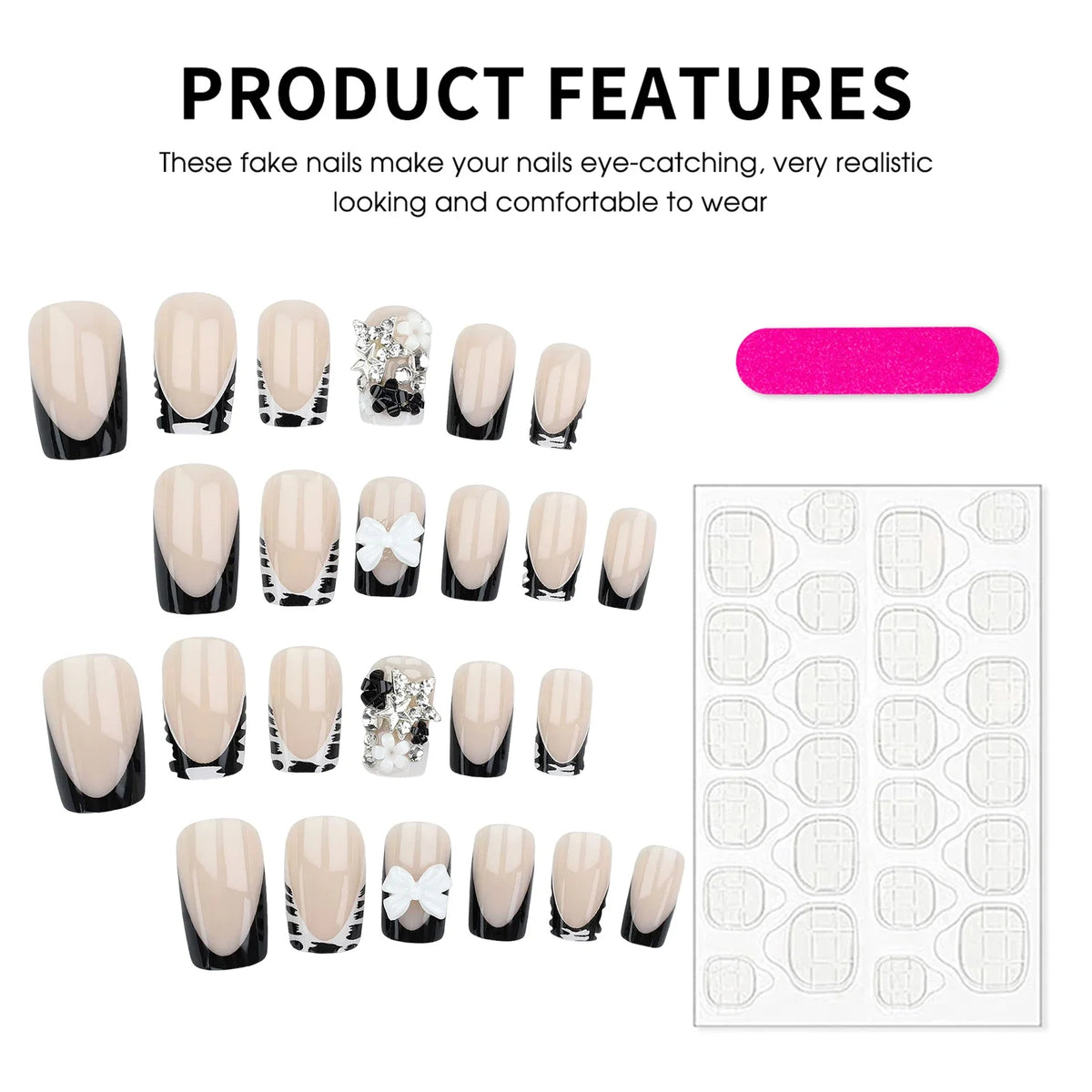 Y2K 24Pcs Set French Style Black & White Tie Dye Polka Dot Press-On Nails, Reusable, With Bowknot, Star Rhinestones, Cute & Chic, Suitable For Dates
