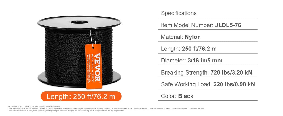 SucceBuy 3/16 in 250/1000ft Nylon Cord 32-Strand Design Multi-Purpose Rope for Outdoor Adventures Tree Work Emergency Situation