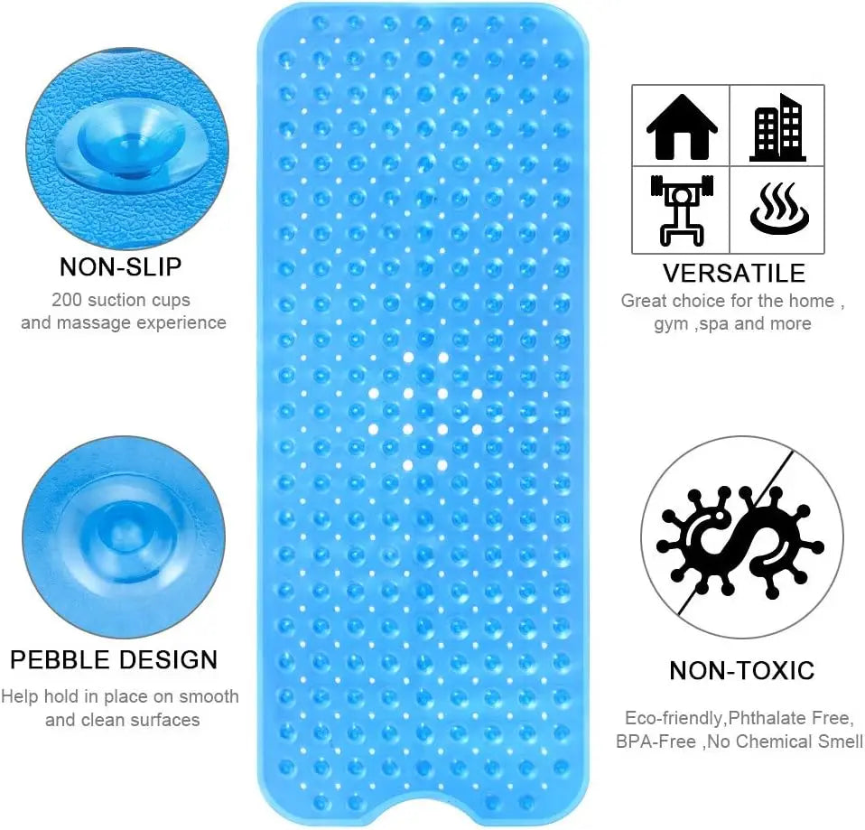 Shower Floor Mat 40x16 Inch,Non Slip Bath Mat With Firm Suction Cups,Extra Large Machine Washable Bathtub Rug,Drain Holes Keep Tub Clean,Waterproof Mold Resistant Rubber PVC Mat,Blue Black Transparent Light Gray,Home Essentia