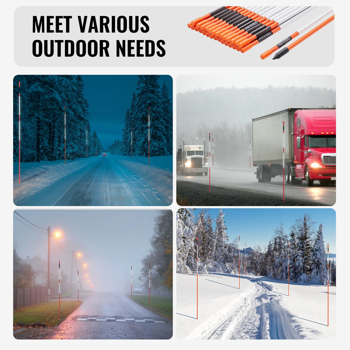SucceBuy Driveway Markers 48 inch 0.4 inch Diameter Fiberglass Poles Snow Stakes For Parking Lots Walkways Easy Visibility