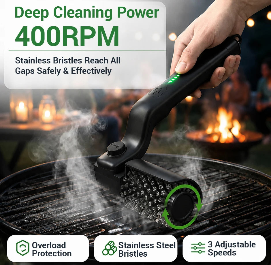 Electric Grill Brush, Multifunctional High Torque Grill Brush with 3-Speed Modes, 20kg Max Torque BBQ Cleaner Safe for Porcelain Cast Iron Stainless Steel, Reinforced Steel Bristles