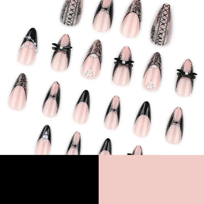 Black Bat Press On Nails, 24 Pieces Almond False Nails with Rivet and Bow Details, Reusable Halloween Nail Tips