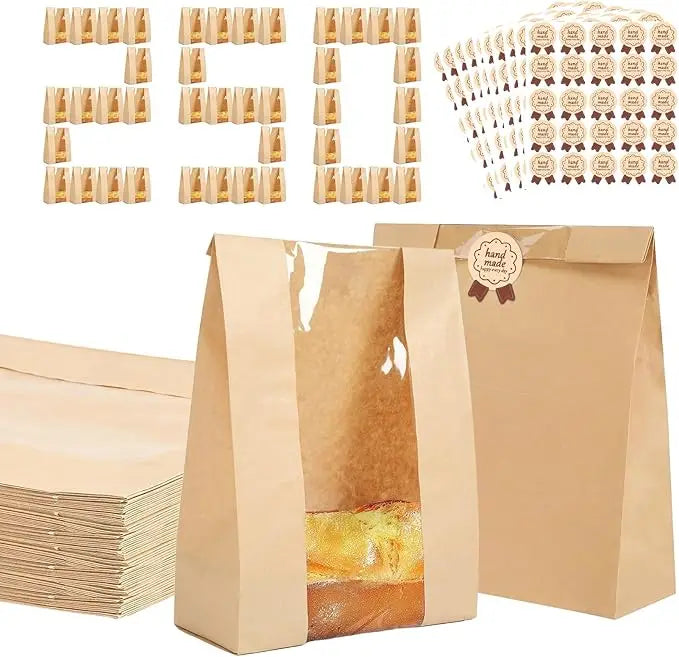 250 Pack Bread Bags for Homemade Bread,Large Kraft Paper Bakery Bags with Clear Window & Label Seal Stickers for Baked Food