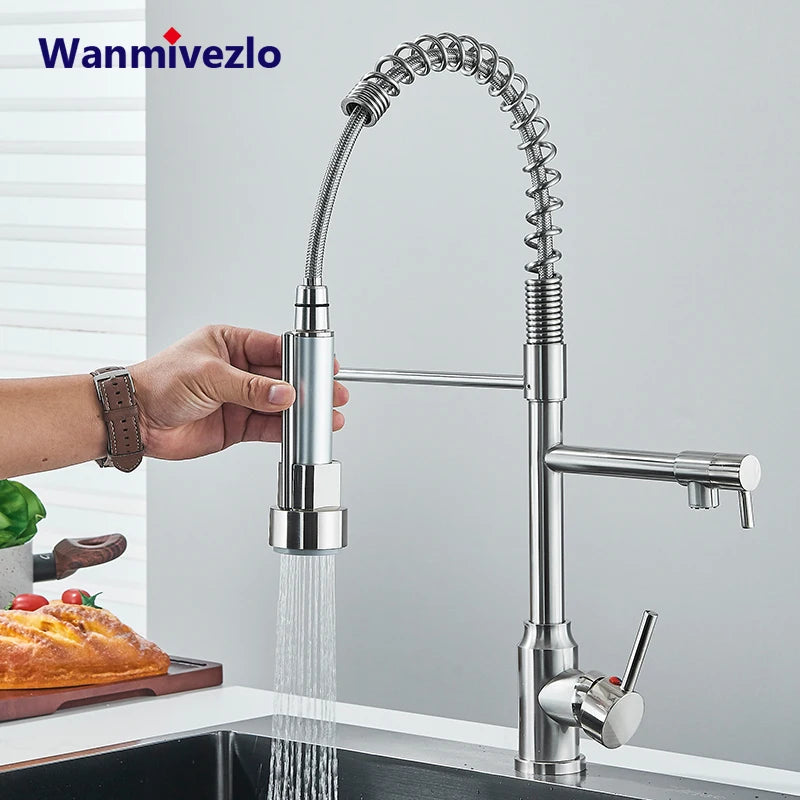 Pull-Down Kitchen Sink Faucet, 360 Swivel Dual Spout with 2 Spray Modes, Brushed Nickel