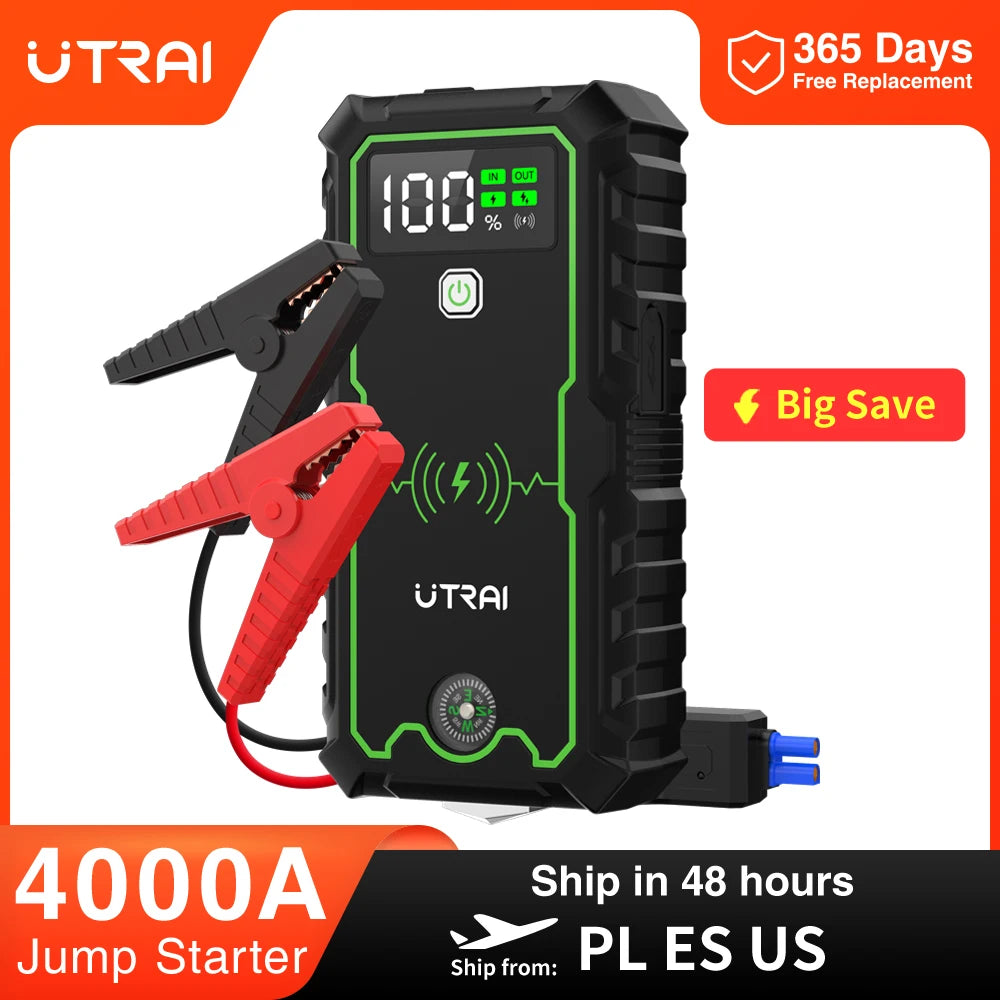 UTRAI Car Jump Starter 4000A Car Battery Starters 16000mAh Portable Power Bank 10W Wireless Charging Propulsion Booster For Car