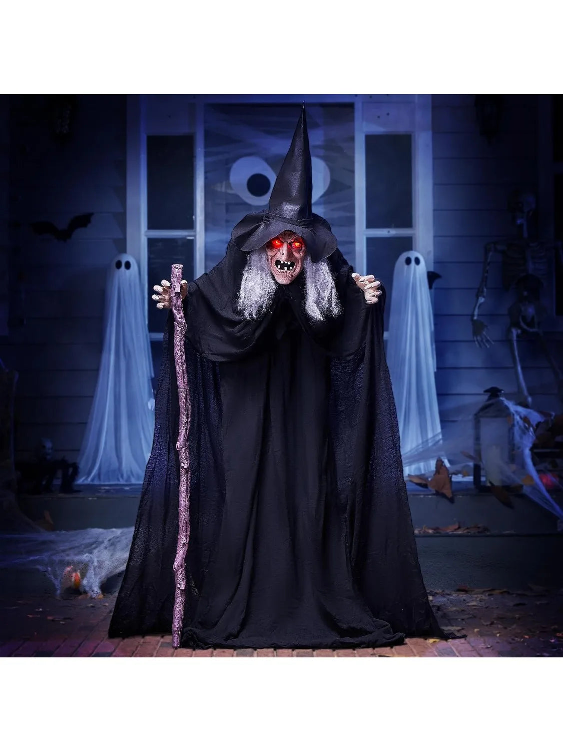 Halloween 72 in Animated Witch with Cane, Sound Activated with Creepy Lights