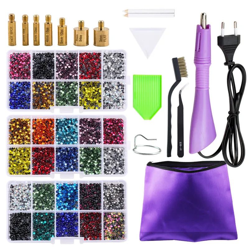 QIAO Hot Fix Rhinestones Set EU/US PLUG Hotfix Applicator 7 Tips Iron-on Crystal Glass Rhinestone Strass For Garment Decorations