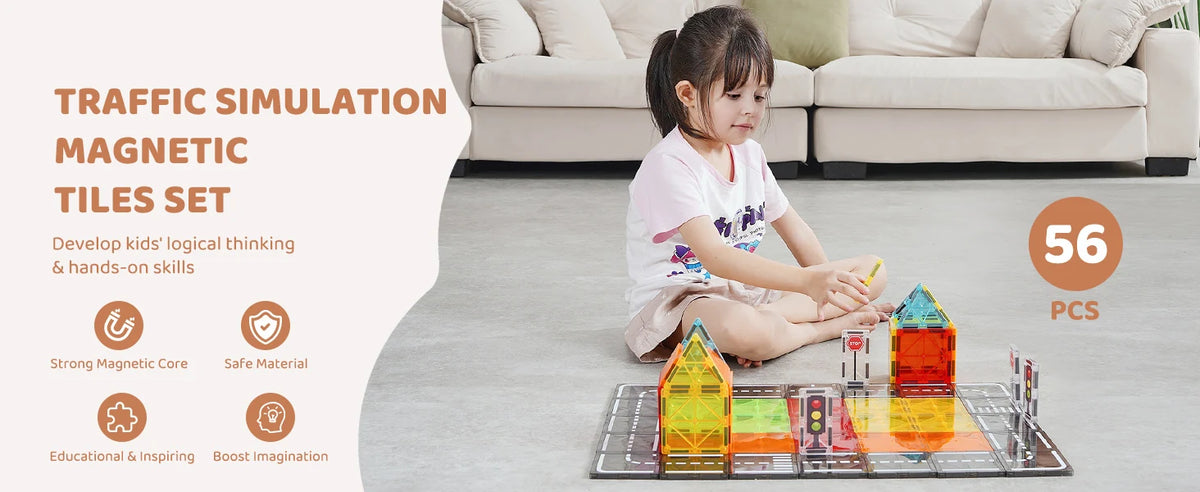 SucceBuy 56 PCS Magnetic Tiles Magnet Building Blocks Set Construction Game Stacking Toys STEM Sensory Educational for Kids Gift